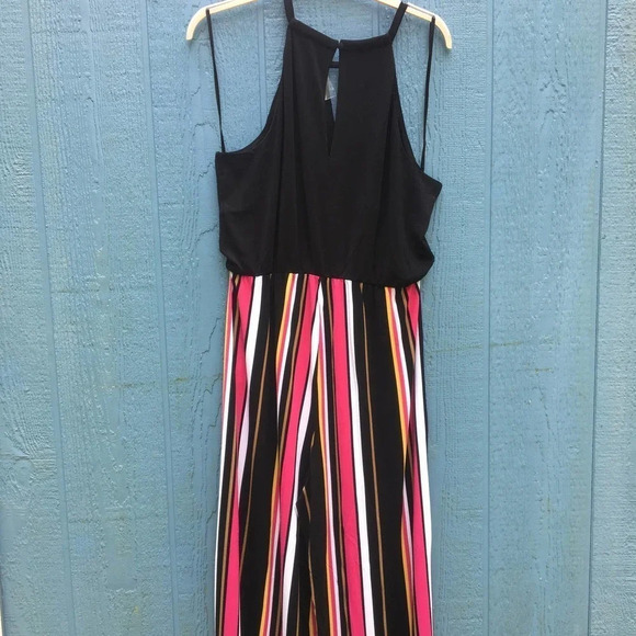 INC Women Pink Striped Black Sleeveless Halter Wide Leg Jumpsuit XL NWT - Picture 4 of 7